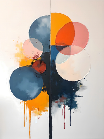 Tableau abstrait géométrique minimaliste aux teintes claires (orangé, rosé, bleu, blanc) avec éléments graphiques au trait noir. Composition structurée et moderne pour une décoration élégante.