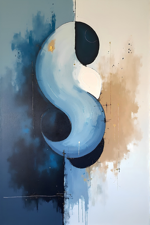 Tableau abstrait géométrique minimaliste aux teintes claires (orangé, rosé, bleu, blanc) avec éléments graphiques au trait noir. Composition structurée et moderne pour une décoration élégante.