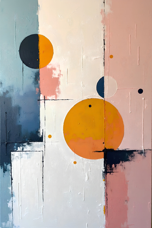Tableau abstrait géométrique minimaliste aux teintes claires (orangé, rosé, bleu, blanc) avec éléments graphiques au trait noir. Composition structurée et moderne pour une décoration élégante.