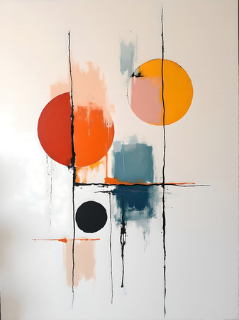 Tableau abstrait géométrique minimaliste aux teintes claires (orangé, rosé, bleu, blanc) avec éléments graphiques au trait noir. Composition structurée et moderne pour une décoration élégante.