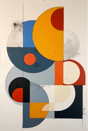 Tableau abstrait géométrique minimaliste aux teintes claires (orangé, rosé, bleu, blanc) avec éléments graphiques au trait noir. Composition structurée et moderne pour une décoration élégante.