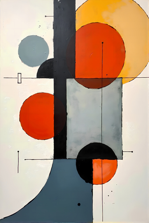 Tableau abstrait géométrique minimaliste aux teintes claires (orangé, rosé, bleu, blanc) avec éléments graphiques au trait noir. Composition structurée et moderne pour une décoration élégante.