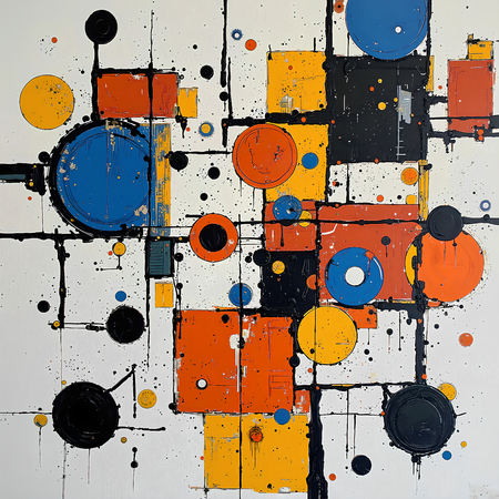 Tableau abstrait géométrique aux couleurs primaires rouge, bleu, jaune et blanc. Une œuvre lumineuse et équilibrée, parfaite pour une décoration dynamique et moderne.