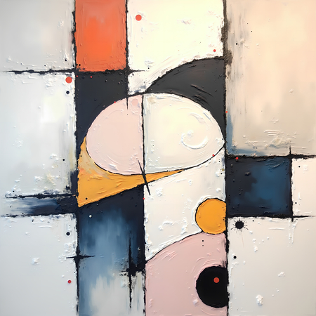 Tableau abstrait géométrique minimaliste aux teintes claires (orangé, rosé, bleu, blanc) avec éléments graphiques au trait noir. Composition structurée et moderne pour une décoration élégante.