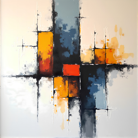 Tableau abstrait géométrique minimaliste aux teintes claires (orangé, rosé, bleu, blanc) avec éléments graphiques au trait noir. Composition structurée et moderne pour une décoration élégante.