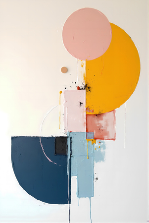 Tableau abstrait géométrique minimaliste aux teintes claires (orangé, rosé, bleu, blanc) avec éléments graphiques au trait noir. Composition structurée et moderne pour une décoration élégante.