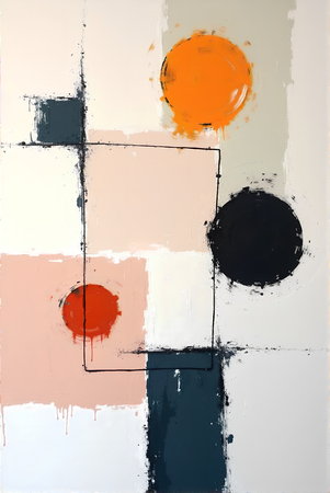 Tableau abstrait géométrique minimaliste aux teintes claires (orangé, rosé, bleu, blanc) avec éléments graphiques au trait noir. Composition structurée et moderne pour une décoration élégante.