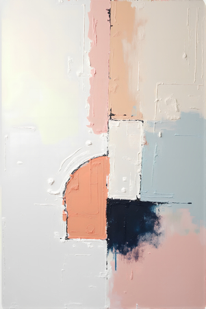 Tableau abstrait géométrique minimaliste aux teintes claires (orangé, rosé, bleu, blanc) avec éléments graphiques au trait noir. Composition structurée et moderne pour une décoration élégante.
