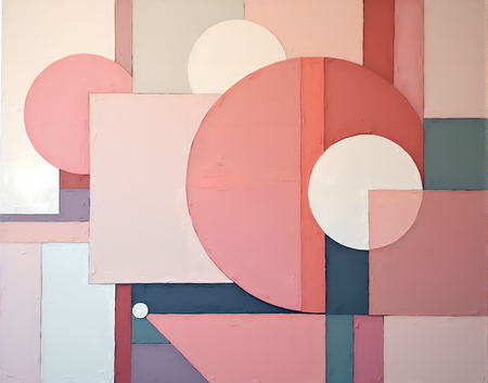 Tableau abstrait géométrique minimaliste aux teintes claires (orangé, rosé, bleu, blanc) avec éléments graphiques au trait noir. Composition structurée et moderne pour une décoration élégante.