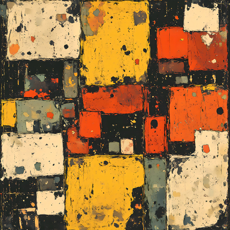 Tableau abstrait avec une composition géométrique moderne de carrés, rectangles et lignes précises dans des tons noir, vert, jaune et orange. Idéal pour une décoration contemporaine