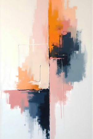 Tableau abstrait géométrique minimaliste aux teintes claires (orangé, rosé, bleu, blanc) avec éléments graphiques au trait noir. Composition structurée et moderne pour une décoration élégante.