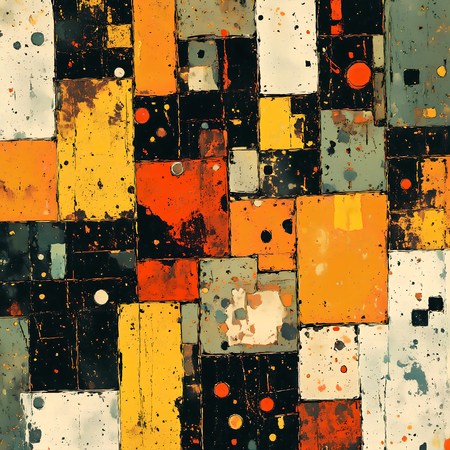 Tableau abstrait avec une composition géométrique moderne de carrés, rectangles et lignes précises dans des tons noir, vert, jaune et orange. Idéal pour une décoration contemporaine