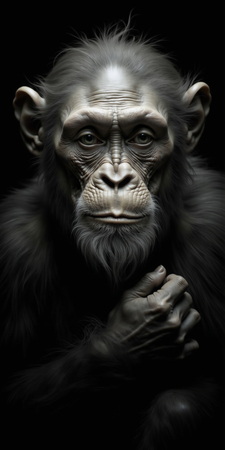 Portrait de singe ou chimpanzé photographié en studio sur fond sobre. Tableau décoratif expressif et raffiné, décliné en plusieurs formats personnalisables. Fabriqué en France.