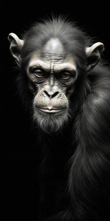 Portrait de singe ou chimpanzé photographié en studio sur fond sobre. Tableau décoratif expressif et raffiné, décliné en plusieurs formats personnalisables. Fabriqué en France.