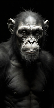 Portrait de singe ou chimpanzé photographié en studio sur fond sobre. Tableau décoratif expressif et raffiné, décliné en plusieurs formats personnalisables. Fabriqué en France.