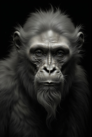 Portrait de singe ou chimpanzé photographié en studio sur fond sobre. Tableau décoratif expressif et raffiné, décliné en plusieurs formats personnalisables. Fabriqué en France.