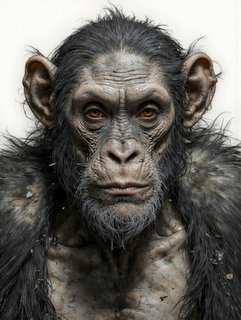 Portrait de chimpanzé en studio sur fond blanc, décliné en plusieurs versions et formats. Une œuvre décorative unique, disponible sur-mesure. Fabrication française à la demande.