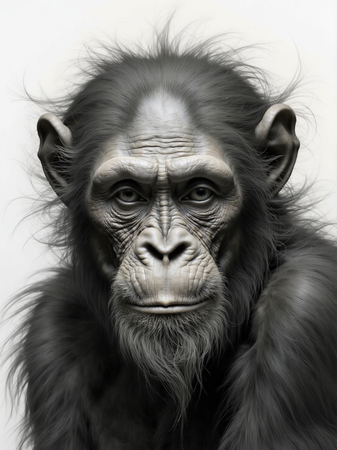 Portrait de chimpanzé en studio sur fond blanc, décliné en plusieurs versions et formats. Une œuvre décorative unique, disponible sur-mesure. Fabrication française à la demande.