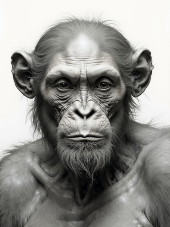 Portrait de chimpanzé en studio sur fond blanc, décliné en plusieurs versions et formats. Une œuvre décorative unique, disponible sur-mesure. Fabrication française à la demande.