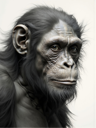 Portrait de chimpanzé en studio sur fond blanc, décliné en plusieurs versions et formats. Une œuvre décorative unique, disponible sur-mesure. Fabrication française à la demande.