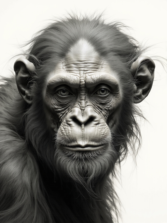 Portrait de chimpanzé en studio sur fond blanc, décliné en plusieurs versions et formats. Une œuvre décorative unique, disponible sur-mesure. Fabrication française à la demande.