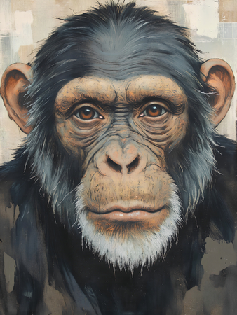Tableau portrait peint de chimpanzé aux couleurs sobres, dominantes noires et ocres bruns, avec une texture de fond réalisée au couteau. Une œuvre élégante et expressive.