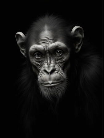 Portrait de singe ou chimpanzé photographié en studio sur fond sobre. Tableau décoratif expressif et raffiné, décliné en plusieurs formats personnalisables. Fabriqué en France.