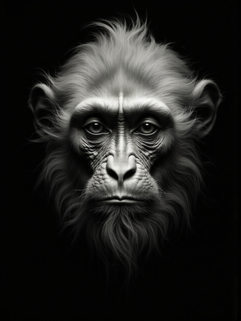 Tableau portrait de singe sur fond noir profond, style photographique studio haut de gamme. Plusieurs espèces et modèles disponibles pour une décoration élégante et moderne.