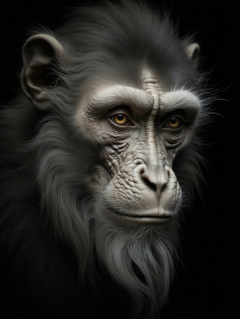Portrait de singe ou chimpanzé photographié en studio sur fond sobre. Tableau décoratif expressif et raffiné, décliné en plusieurs formats personnalisables. Fabriqué en France.
