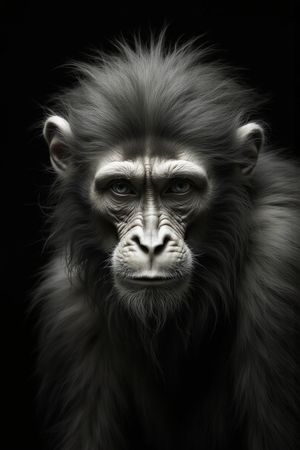 Portrait de singe ou chimpanzé photographié en studio sur fond sobre. Tableau décoratif expressif et raffiné, décliné en plusieurs formats personnalisables. Fabriqué en France.