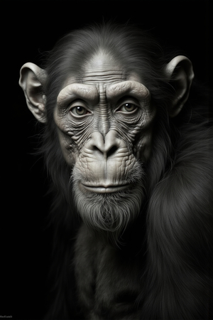 Portrait de singe ou chimpanzé photographié en studio sur fond sobre. Tableau décoratif expressif et raffiné, décliné en plusieurs formats personnalisables. Fabriqué en France.