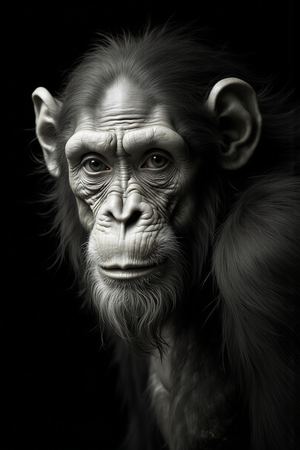 Portrait de singe ou chimpanzé photographié en studio sur fond sobre. Tableau décoratif expressif et raffiné, décliné en plusieurs formats personnalisables. Fabriqué en France.
