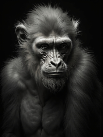 Portrait de singe ou chimpanzé photographié en studio sur fond sobre. Tableau décoratif expressif et raffiné, décliné en plusieurs formats personnalisables. Fabriqué en France.