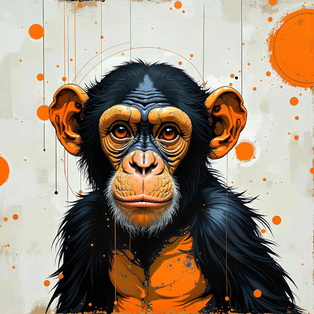 Tableau moderne représentant un chimpanzé, peinture expressive aux nuances ocres avec un fond texturé original. Disponible en plusieurs variantes graphiques.