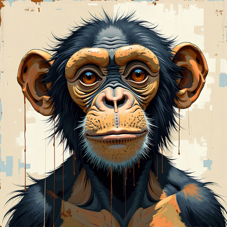 Tableau moderne représentant un chimpanzé, peinture expressive aux nuances ocres avec un fond texturé original. Disponible en plusieurs variantes graphiques.