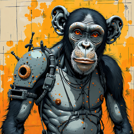 Tableau moderne représentant un chimpanzé, peinture expressive aux nuances ocres avec un fond texturé original. Disponible en plusieurs variantes graphiques.