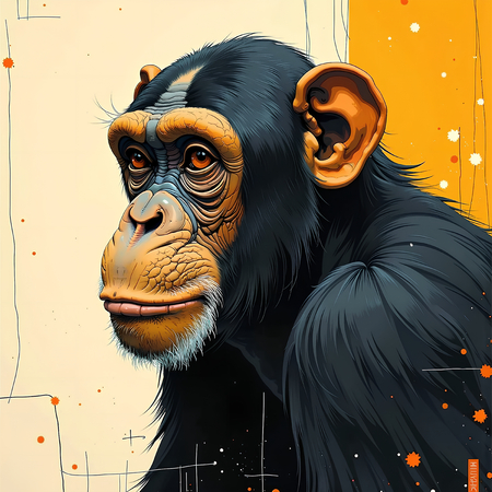 Tableau moderne représentant un chimpanzé, peinture expressive aux nuances ocres avec un fond texturé original. Disponible en plusieurs variantes graphiques.