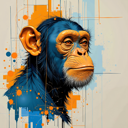 Tableau moderne représentant un chimpanzé, peinture expressive aux nuances ocres avec un fond texturé original. Disponible en plusieurs variantes graphiques.