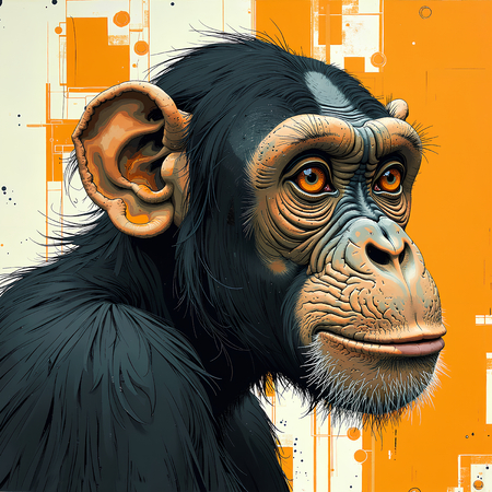 Tableau moderne représentant un chimpanzé, peinture expressive aux nuances ocres avec un fond texturé original. Disponible en plusieurs variantes graphiques.