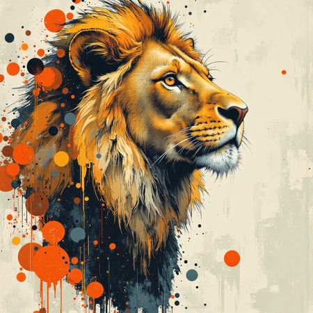 Tableau contemporain représentant un lion en peinture expressive, tons ocres chaleureux et textures prononcées. Variantes graphiques uniques disponibles.