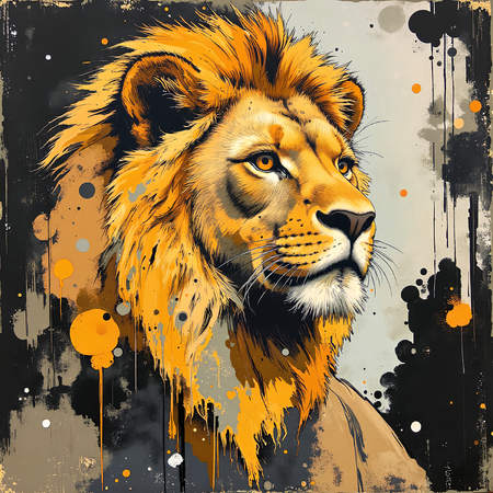 Tableau contemporain représentant un lion en peinture expressive, tons ocres chaleureux et textures prononcées. Variantes graphiques uniques disponibles.
