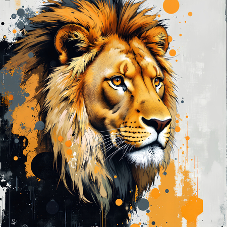 Tableau contemporain représentant un lion en peinture expressive, tons ocres chaleureux et textures prononcées. Variantes graphiques uniques disponibles.