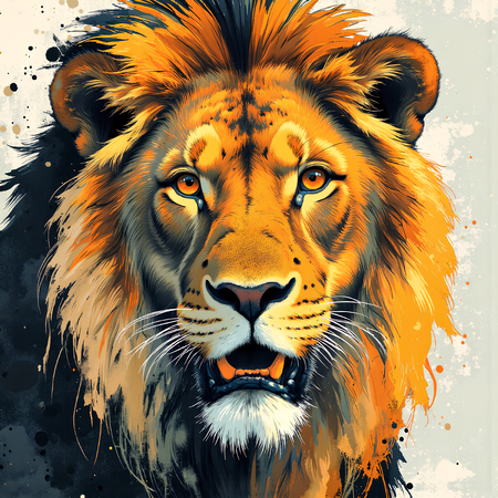 Tableau contemporain représentant un lion en peinture expressive, tons ocres chaleureux et textures prononcées. Variantes graphiques uniques disponibles.
