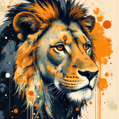 Tableau contemporain représentant un lion en peinture expressive, tons ocres chaleureux et textures prononcées. Variantes graphiques uniques disponibles.