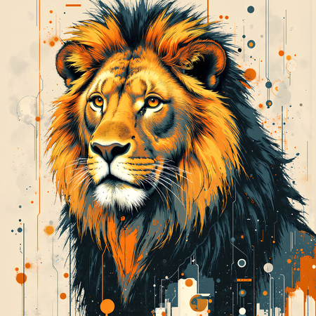 Tableau contemporain représentant un lion en peinture expressive, tons ocres chaleureux et textures prononcées. Variantes graphiques uniques disponibles.