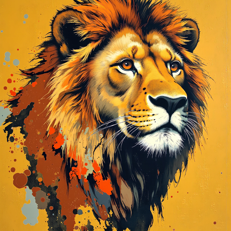 Tableau contemporain représentant un lion en peinture expressive, tons ocres chaleureux et textures prononcées. Variantes graphiques uniques disponibles.