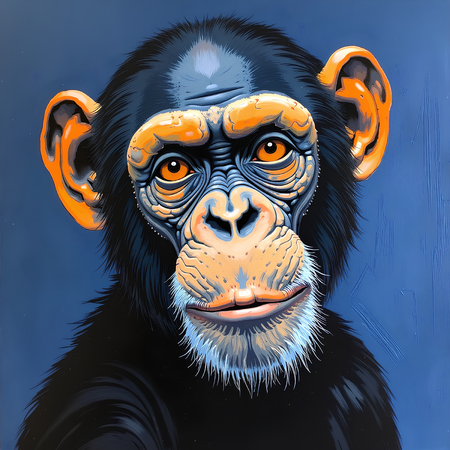 Tableau moderne représentant un chimpanzé, peinture expressive aux nuances ocres avec un fond texturé original. Disponible en plusieurs variantes graphiques.