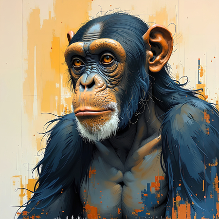 Tableau moderne représentant un chimpanzé, peinture expressive aux nuances ocres avec un fond texturé original. Disponible en plusieurs variantes graphiques.