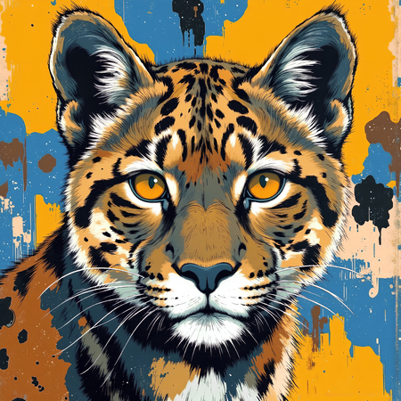 Tableau moderne représentant un léopard avec un style pictural expressif et des tons chauds. Œuvre originale aux textures affirmées et aux variantes graphiques multiples.