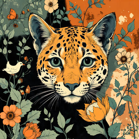 Tableau moderne représentant un léopard avec un style pictural expressif et des tons chauds. Œuvre originale aux textures affirmées et aux variantes graphiques multiples.